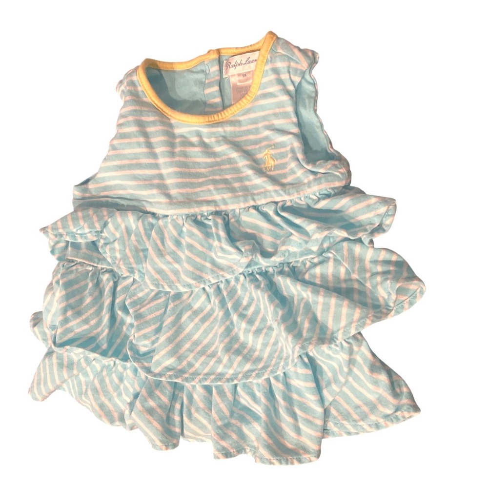 Ralph‎ Lauren Baby Girls Blue White Striped Ruffle Tiered Dress 9M